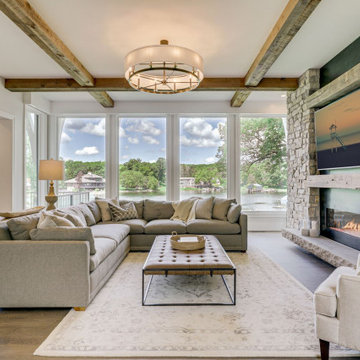 Reclaimed Wood Box Beams and Mantel in Lakeside Living Room