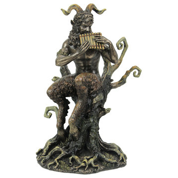 Bronzed Finish Greek Mythology Faun Pan Playing Flute In Forest Statue
