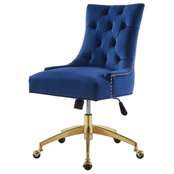 Armless Office Chair, Polished Gold Base With Velvet Seat & Tufted Back, Navy