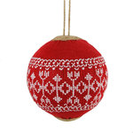 CC Christmas Decor - 4" Alpine Chic Red with White Snowflake Nordic Design Christmas Ball Ornament - From the Alpine Chic Collection    This ornament features a red knitted cloth with a white embroidered snowflake Nordic design
