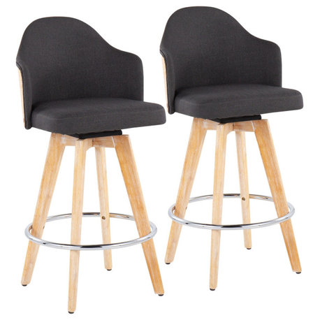 Ahoy Counter Stool, Set of 2, Natural Bamboo, Charcoal Fabric, Chrome