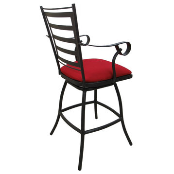 Outdoor Patio Stool Jenna With Arms, Red Linen on Dark Nut, 35"