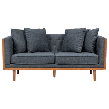 Cayuga Mid Century Modern Fabric Tufted Loveseat With Accent Pillows, Charcoal