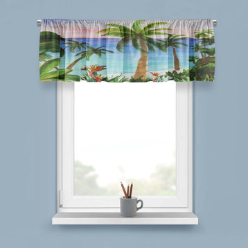 Coastal beach design window curtain valance., Aqua Beach Palm Trees