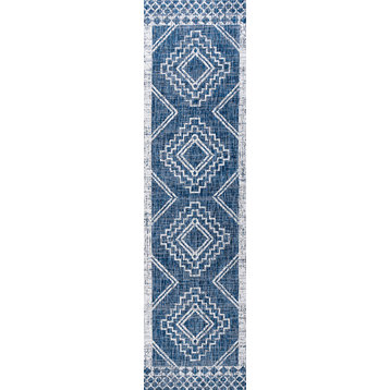 Marokko Diamond Tribal Indoor/Outdoor Rug, Blue and Ivory, 2x10