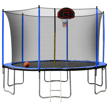 12ft Round Blue Backyard Trampoline with Safety Enclosure, Basketball Hoop