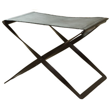 Folding Stool, Iron and Brown Leather