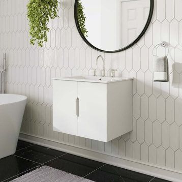 Sink Vanity Cabinet, White, Ceramic, Melamine, Modern, Hotel Bathroom Guest
