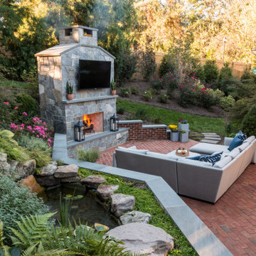 Outdoor Living Room, Fireplace & Kitchen with Spa and Water Feature