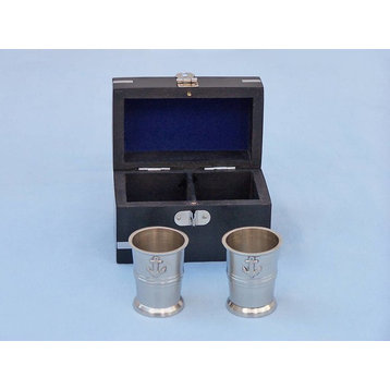 Brushed Nickel Anchor Shot Glasses With Rosewood Box 4'', Set of 2
