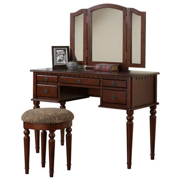 Commodious Vanity Set Featuring Stool And Mirror Cherry Brown