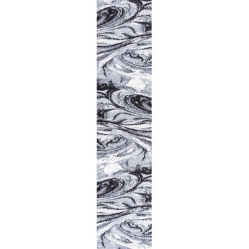 Viscon Abstract Marble Contemporary Light Gray/Black 2 ft. x 8 ft. Runner Rug