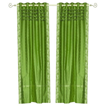 Forest Green Hand Crafted Grommet Top  Sheer Sari Curtain / Drape / Panel-Piece