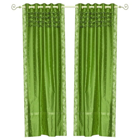 Lined-Forest Green Hand Crafted Grommet Sheer Sari Curtain Drape Panel -Piece