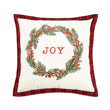 Joy Rustic Wreath Embroidered Pillow
