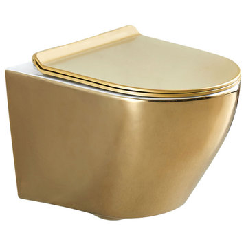 Luxury Round Wall-Mount Toilet Rimless Flushing Ceramic, Gold