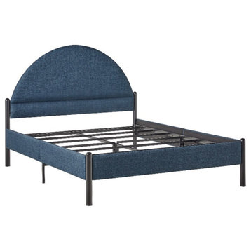 Walker Edison Upholstered Metal Queen Bed with Arched Headboard in Blue