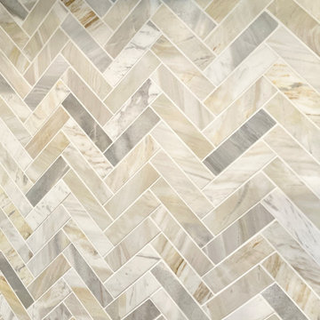 Cherry Finish and Ivory Painted Kitchen Design With Herringbone Wall Tile