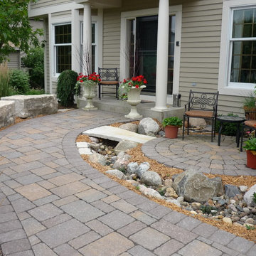 Front Paver Sidewalk with Sitting Area and Dry Stream