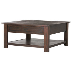 Acadian Solid Wood 36" Square Rustic Square Coffee Table, Tobacco Brown