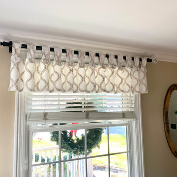 Tab Top Valance on a TRAX Black Metal Rod with Crystal Finials in Living Room