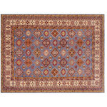 Bareens Designer Rugs - Tribal Super Kazak Zena Blue/Beige Wool Rug 9'0'' x 12'1'' - Embellish your home with this exquisitely hand-knotted Kazak Rug made with the finest hand spun wool and all vegetable dyes. Demonstrating incredible attention to detail, this hand-knotted masterpiece features an intricate Kazak pattern in a classic color palette. Made in the Caucasian designs from Russia and the northern Persian empire, each Kazak incorporates distinctive tribal flavor with elements such as the stepped hooted polygons, geometrical medallions, animals and rosettes. The straight, clean lines and bold tones embody the weaving style of the Armenian and Afghani weavers known for these iconic designs. This magnificent rug featuring soft luscious pile and is made with handspun wool and natural dyes to produces soft luminous shades causing a beautiful sheen. With geometric designs and bold vibrant saturated colors predominately blues, reds, greens, and gold make a bold statement in any decor. The construction technique used ensures that the designs and colors Ae capable to withstand heavy traffic area.