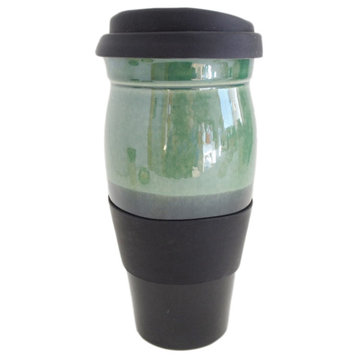 Black Green Ceramic Travel Mug With Silicone Lid and Sleeve, 24 oz.