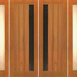 Flush Double Door, Two Side lights, Contemporary Heavy Iron Handle - Front Doors