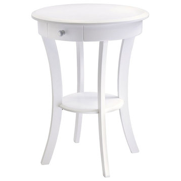 Modern Round Accent Table With Drawer and Shelf, White