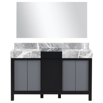 Zilara 55 Black, Grey DB Vanity, Grey Marble Tops, Square Sinks, 53 Mirror
