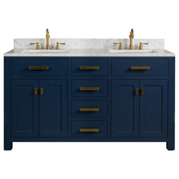 Madison 60" Carrara White Marble Vanity, Monarch Blue With Faucet