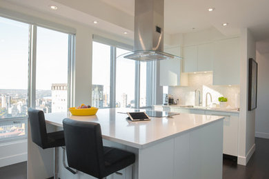 Example of a mid-sized minimalist galley dark wood floor and brown floor eat-in kitchen design in Vancouver with an undermount sink, flat-panel cabinets, white cabinets, quartz countertops, white backsplash, mosaic tile backsplash, paneled appliances, an island and white countertops