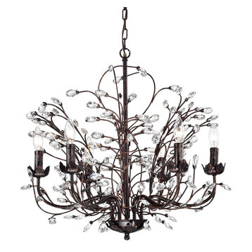 6-Light Antique Copper Chandelier With Vines and Crystals Glam Lighting