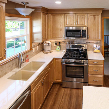 Two Tone Kitchen w/ Eucalyptus Green Island, Beige Quartz Countertops, Wine Bar