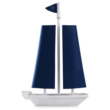 Moulded Sail Boat Table Lamp With Two U shaped Blue Sail Shades, White Finish