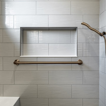 Transitional Primary Bathroom Remodel | Navy Vanity & Walk-In Shower