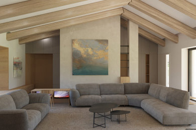 Esempio di un ampio soggiorno design aperto con sala formale, pareti beige, pavimento in gres porcellanato e parete attrezzata