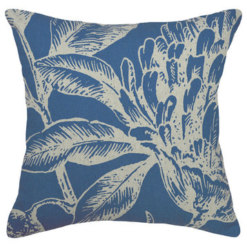 Floral Printed Linen Pillow With Feather-Down Insert, Navy Blue