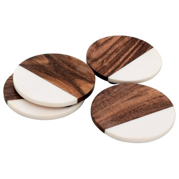 Fusion Round Wood and White Coasters, Set of 4