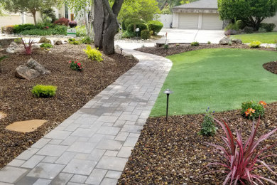 Inspiration for a mid-sized traditional drought-tolerant stone walkway in Sacramento.