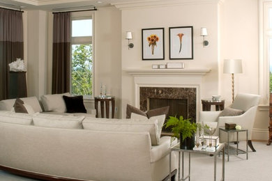 Living room - transitional formal and open concept carpeted living room idea in Boston with white walls, a standard fireplace and a wood fireplace surround