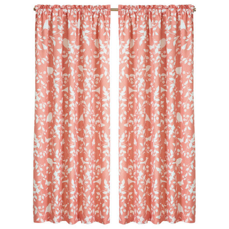 Printed Microfiber Birdsong Curtains, Set of 2, Coral