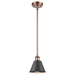 INNOVATIONS LIGHTING - Innovations 516-1S-AC-M8-BK 1-Light Mini Pendant, Antique Copper - Innovations 516-1S-AC-M8-BK 1-Light Mini Pendant Antique Copper. Collection: Ballston. Style: Industrial, Farmhouse, Restoration-Vintage. Metal Finish: Antique Copper. Metal Finish (Shade): Matte Black. Metal Finish (Canopy/Backplate): Antique Copper. Material: Steel, Cast Brass. Dimension(in): 7. 5(H) x 7(W) x 7(Dia). Min/Max Height (Fixture Height with Cord or Included Stems and Canopy)(in): 17. 75/41. 75. Bulb: (1)60W Medium Base,Dimmable(Not Included). Maximum Wattage Per Socket: 100. Voltage: 120. Color Temperature (Kelvin): 2200. CRI: 99. 9. Lumens: 220. Glass or Metal Shade Color: Matte Black. Shade Material: Metal. Shade Shape: Cone. Metal Shade Description: Matte Black Smithfield. Shade Dimension(in): 6. 5(W) x 4. 5(H). Fitter Measurement (Glass Or Metal Shade Fitter Size): Neckless with a 2. 125 inch Hole. Canopy Dimension(in): 4. 5(Dia) x 0. 75(H). Sloped Ceiling Compatible: Yes. California Proposition 65 Warning Required: Yes. UL and ETL Certification: Damp Location.