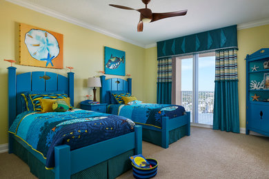 Inspiration for a coastal carpeted bedroom remodel in Miami with yellow walls