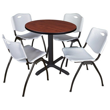 Cain 30" Round Breakroom Table, Cherry and 4 'M' Stack Chairs, Gray