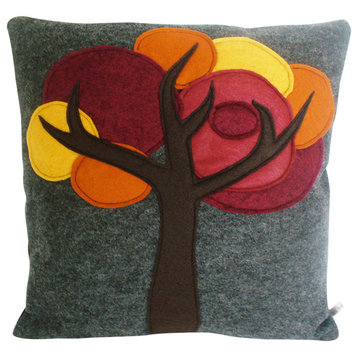 Felt Tree Pillow, Dark Gray, Red, Orange, 16"x16", Fall Colors