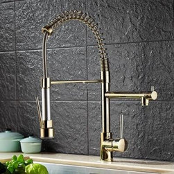 Antique Brass Bright Golden Printed Spring Kitchen Pull Out Mixer Sink Tap TG045 - Kitchen Faucets