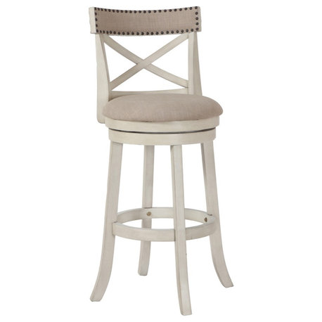 Curved X Shaped Back Swivel Barstool With Fabric Padded Seating, White