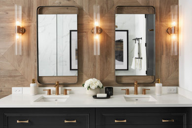Large transitional master bathroom in Toronto with black cabinets, brown tile, engineered quartz benchtops, white floor, white benchtops, recessed-panel cabinets, wood-look tile, an undermount sink, a double vanity and a freestanding vanity.