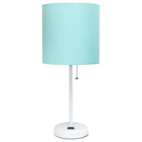 Limelights White Stick Lamp With Charging Outlet and Fabric Shade